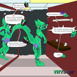 angry anthro athletic athletic_anthro athletic_male big_ears big_tail biped butt clothing curtains_closed digitigrade face_tentacles facial_piercing fitting_room flustered footprint gloom_lines male male_anthro nose_piercing nose_ring pawprint piercing public reflection ring_piercing speech_bubble tail tentacles text tongue tongue_out underwear yiffster mythology bat dragon hybrid hyena mammal mephitid mythological_creature mythological_scalie scalie skunk 1:1 english_text hi_res
