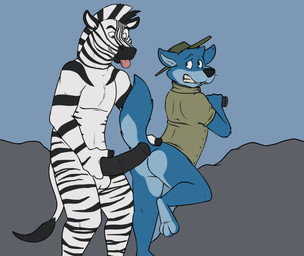3_toes animal_genitalia animal_penis anthro anthro_on_anthro arched_back balls black_nose black_penis black_stripes black_tail blue_body blue_countershading blue_fur blue_tail bottomless butt butt_grab camera cheek_tuft clenched_teeth clothed clothing countershade_face countershade_tail countershade_torso countershading dipstick_tail duo equine_genitalia equine_penis erection eye_contact eyebrows facial_tuft feet fur genitals green_eyes half-closed_eyes hand_on_butt head_tuft holding_camera holding_object holding_penis imminent_sex interspecies looking_at_another looking_back male male/male markings medial_ring multicolored_body multicolored_fur multicolored_tail narrowed_eyes nude on_one_leg outside partially_clothed penis penis_fear pink_tongue questionable_consent standing striped_body striped_fur striped_markings striped_tail stripes tail tail_markings tail_tuft teeth toes tongue tongue_out tuft two_tone_body two_tone_fur two_tone_tail white_body white_fur white_tail worried rotten_robbie thaine robbie_(rotten_robbie) thaine_(character) canid canine canis equid equine mammal wolf zebra digital_media_(artwork) hi_res line_art