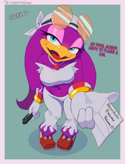 anthro beak blue_eyes breasts clothed clothing dialogue eyewear eyewear_on_head female fingers footwear looking_at_viewer note open_mouth open_smile purple_body shoes simple_background smile solo sunglasses sunglasses_on_head talking_to_viewer text wearing_sunglasses triggerpigart sega sonic_riders sonic_the_hedgehog_(series) wave_the_swallow avian bird hirundinid oscine passerine swallow_(bird) 2026 absurd_res digital_media_(artwork) english_text hi_res