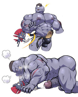 abs angry anthro anthro_on_feral assisted_exposure balls belt bestiality big_muscles big_pecs big_penis black_clothing black_underwear bodily_fluids bulge claws clothed clothing crazy_eyes cross-popping_vein duo erect_nipples feral forced forced_exposure forehead_gem from_front_position gem genital_fluids genitals glans grey_body huge_muscles huge_pecs humanoid_genitalia humanoid_penis imminent_rape imminent_sex kerchief larger_male lying male male/male missionary_position muscular muscular_anthro muscular_male neckerchief neckwear nipples nude nude_anthro nude_male on_back open_belt pecs penis penis_base pinned pinned_to_ground precum precum_on_ground precum_on_own_penis precum_on_penis scared sex sharp_teeth simple_background size_difference smaller_male snout teeth topless topless_male torn_clothing underwear underwear_only vein veiny_muscles veiny_penis white_background maldu nintendo pokemon generation_1_pokemon generation_4_pokemon machoke pokemon_(species) weavile 4:5 absurd_res hi_res male_(lore)