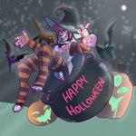 anthro cauldron clothing food fruit hat headgear headwear legwear magic_user male plant pumpkin solo thigh_highs witch witch_hat mini_river river_bawdy_(mini_river) bat domestic_cat felid feline felis lagomorph leporid mammal rabbit 1:1 hi_res