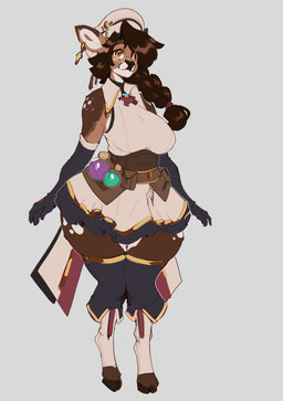 anthro armwear big_breasts braided_hair breasts brown_body brown_eyes brown_fur brown_hair clothed clothing cloven_hooves curvy_figure ear_piercing elbow_gloves eyewear female fur glasses gloves hair handwear hat headgear headwear hooves huge_breasts legwear multicolored_body multicolored_fur piercing potion solo tan_body tan_fur thick_thighs thigh_highs voluptuous white_body white_fur wide_hips inu-sama francesca_(inu-sama) deer mammal absurd_res hi_res