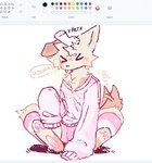 >_< anthro blep blush blush_lines clothed clothing crossdressing eyes_closed femboy fur headpat leg_warmers legwear male oversized_clothing oversized_topwear pink_clothing pink_sweater pink_topwear slim_anthro slim_male solo sweater tongue tongue_out topwear white_body white_fur bunonthemoon canid canine canis domestic_dog mammal 2023