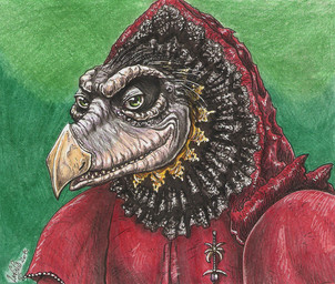 ambiguous_gender anthro beak elderly elderly_intersex fangs gown jewelry multi_limb renaissance_clothing ruff_(clothing) smile solo teeth skekla_(artist) the_dark_crystal skeksil_the_chamberlain alien skeksis 2015 english_description portrait signature