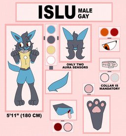 anthro black_body black_fur black_hair blue_body blue_fur chest_spike collar digitigrade facial_markings fur gloves_(marking) hair head_markings leg_markings male markings mask_(marking) open_mouth pawpads pink_collar pink_pawpads pink_tongue socks_(marking) solo spikes spikes_(anatomy) text tongue wearing_collar yellow_body yellow_fur islucario nintendo pokemon fan_character islu_(islucario) generation_4_pokemon lucario pokemon_(species) 2025 digital_drawing_(artwork) digital_media_(artwork) english_description english_text hi_res model_sheet