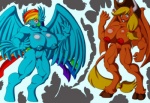 2013 animewave anthro anthrofied applejack_(mlp) big_breasts big_nipples blonde_hair blue_body blue_feathers blue_fur blush breasts claws clothing comic cowboy_hat duo earth_pony equid equine feathered_wings feathers female fetlocks friendship_is_magic fur genitals green_eyes grey_background hair hasbro hat headgear headwear hooves horn horse huge_breasts humanoid_genitalia humanoid_pussy hybrid mammal multi_tail multicolored_hair muscular muscular_female my_little_pony mythological_creature mythological_equine mythology nipples nude open_mouth orange_body orange_fur pegasus pony pussy rainbow_dash_(mlp) rainbow_hair simple_background surprise tail transformation wings