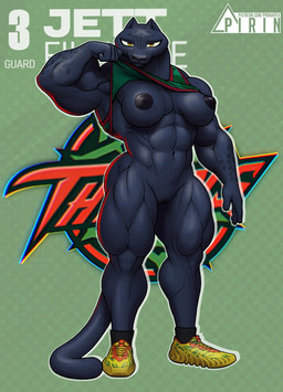 abs anthro areola basketball_jersey big_breasts black_body black_fur bottomless breasts clothed clothing clothing_lift female footwear fur genitals looking_at_viewer markings melanistic muscular muscular_anthro muscular_female nipples shirt shirt_lift shoes smile smiling_at_viewer smirk smirking_at_viewer socks solo spots standing tail text topwear vulva pirin-apex goat_(movie) sony_corporation sony_pictures jett_fillmore felid leopard mammal pantherine hi_res