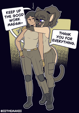 anthro boots breasts clothed clothing duo female female_human fingers footwear fur hair handwear hug military purple_eyes shirt shoes tank_top text thanking topwear the_man sia_(the_man) domestic_cat felid feline felis human mammal siamese_cat 2026 absurd_res english_text hi_res