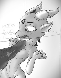 anthro duo female female_focus flat_chested genitals gesture koudee male nude nude_female offscreen_male penis rubbing_penis solo_focus suggestive suggestive_gesture vaginal terrance1316 kobold reptile scalie hi_res monochrome