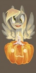 :3 amber_eyes blonde_hair candle derp_eyes feathered_wings feathers female feral food fruit grey_body grey_feathers hair happy holidays jack-o'-lantern looking_at_viewer plant pumpkin solo wings my-magic-dream friendship_is_magic halloween hasbro my_little_pony mythology derpy_hooves_(mlp) equid equine mammal mythological_creature mythological_equine pegasus 1:2 hi_res