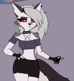 anthro clothed clothing clothing_lift female shirt shirt_lift solo topwear anuminati bra_strap_showing_(meme) hellaverse helluva_boss mythology loona_(helluva_boss) canid canid_demon canine demon hellhound mammal mythological_canine mythological_creature animated meme