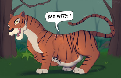 abdominal_bulge belly big_belly claws dialogue fangs feral feral_pred forest fully_inside fur grass hand_on_belly jungle licking licking_lips male nude open_mouth paws plant raised_tail soft_vore solo speech_bubble striped_body striped_fur stripes tail teeth text tongue tongue_out tree vore whiskers setecema disney the_jungle_book shere_khan felid mammal pantherine tiger 2025 english_text hi_res