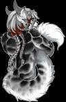 4_ears anthro big_tail black_nose blue_eyes braided_hair claws fangs female flat_chested fluffy fluffy_tail fur grey_body grey_fur hair horn multi_ear nude outline sabertooth_(anatomy) simple_background smile solo spots tail teeth text tongue tongue_out transparent_background tuft white_body white_fur blackchaos666 guild_wars charr felid mammal alpha_channel hi_res url watermark