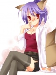 blue_hair clothing eyewear female glasses hair jewelry legwear looking_at_viewer multi_tail necklace ponytail red_eyes short_hair sitting solo tail thigh_highs trickster unknown_artist trickster_online fox_(trickster) animal_humanoid canid canid_humanoid canine canine_humanoid fox fox_humanoid humanoid mammal mammal_humanoid