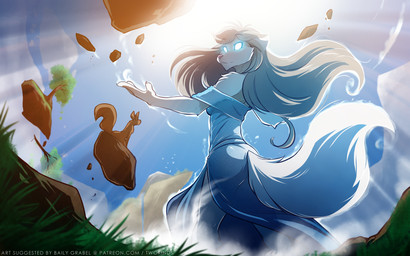 anthro blue_eyes brown_body brown_fur clothing detailed_background dress duo female feral floating fur glowing glowing_eyes grass hair long_hair magic magic_user pink_nose plant rear_view side_slit side_slit_clothing side_slit_dress solo_focus sun telekinesis text tree white_body white_fur white_hair conditional_dnp tom_fischbach twokinds mrs._nibbly raine_silverlock canid canine canis keidran mammal rodent sciurid tree_squirrel wolf 16:10 2017 adobe_photoshop_(artwork) colored digital_media_(artwork) hi_res url widescreen