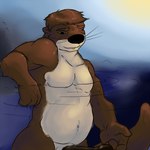 anthro black_penis brown_body brown_fur brown_hair erection feet fur genitals hair male membrane_(anatomy) navel nude otter_tail partially_submerged penis smile solo standing_in_water toes water webbed_feet whiskers pandottermon mammal mustelid otter