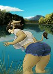 anthro bathing blue_eyes bottomwear breasts brown_hair butt clothing detailed_background female forest hair lake looking_back mountain open_mouth plant river shirt shorts side_boob solo topwear translucent translucent_clothing tree water wet wet_clothing amara_burrger friendship_is_magic hasbro my_little_pony matilda_(mlp) asinus donkey equid equine mammal 2017 hi_res