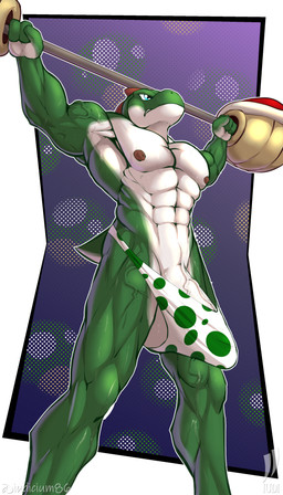 3_fingers abs anthro bodily_fluids bulge casual_erection erection exercise fingers genitals humanoid_genitalia humanoid_penis low-angle_view male muscular nipples penis shell solo stretched_clothing sweat tenting text vein veiny_penis weightlifting workout iudicium86 mario_bros nintendo dinosaur green_yoshi prehistoric_species reptile scalie turtle yoshi english_text hi_res