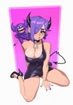 big_breasts blush breasts cleavage cleavage_overflow clothed clothing collar dress duo ear_piercing eyeshadow female footwear glistening glistening_body glistening_clothing hair high_heels horn kneeling leash light_body light_skin makeup not_furry piercing purple_hair shoes strap_pull tight_clothing tight_dress rizdraws demon horned_humanoid humanoid 2022 absurd_res digital_media_(artwork) hi_res