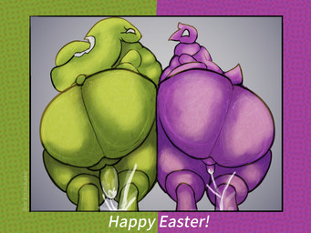 anthro big_butt bodily_fluids butt cum duo food genital_fluids genitals holidays looking_at_viewer looking_back male obese obese_anthro overweight overweight_anthro penis presenting presenting_hindquarters rear_view side_by_side simple_background text thick_thighs rockpankake easter peeps peepy_(nya4) avian bird chicken food_creature galliform lagomorph leporid mammal phasianid rabbit 2026 4:3 digital_media_(artwork) english_text hi_res