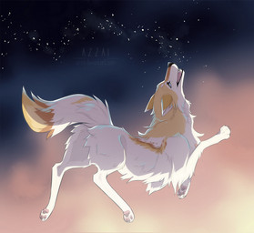 ambiguous_gender black_nose dipstick_tail fangs feral fur long_snout looking_up markings midair open_mouth pawpads pink_pawpads sky snout solo star starry_sky tail tail_markings teeth white_body white_fur yellow_markings azzai canid canine canis mammal wolf 2018 colored digital_drawing_(artwork) digital_media_(artwork) shaded