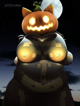 anthro areola belly big_areola big_belly big_breasts big_nipples black_body breast_squish breasts cloud curvy_figure female female_anthro food for_a_head fruit glowing glowing_areola glowing_eyes glowing_mouth glowing_nipples golden_markings huge_areola huge_breasts jack-o'-lantern montgomery_glands moon night nipples orange_head outside overweight overweight_anthro overweight_female plant pumpkin pumpkin_head sky solo squish thick_thighs voluptuous wide_hipped_anthro wide_hipped_female wide_hips band1tnsfw epic_games fortnite spice_(fortnite) felid feline mammal object_head 3:4 absurd_res digital_drawing_(artwork) digital_media_(artwork) hi_res portrait