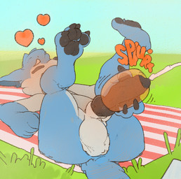 animal_genitalia anthro balls bedding black_claws black_nose black_pawpads black_penis blanket blue_body blue_fur bodily_fluids butt claws cum cumshot ejaculation erection eyes_closed feet field finger_claws fist fur genital_fluids genitals grass head_tuft heart_reaction heart_symbol holding_object knot knotted_penis legs_up lying male masturbation nude nude_anthro nude_male on_back outside pawpads paws penetrable_sex_toy penis picnic plant sex_toy sheath sky solo tail toe_claws tuft beanshaped canid canine fox mammal 2025
