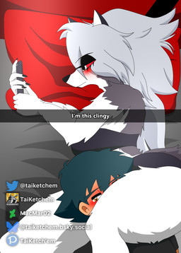 amber_eyes anthro bed black_bra black_clothing black_hair black_panties black_shirt black_topwear black_underwear blush bra breasts caption cellphone clothing duo electronics female fur furniture hair head_between_thighs human_on_anthro interspecies long_hair looking_at_object looking_at_phone male male/female on_bed panties phone pillow red_sclera shirt smartphone strapless_bra strapless_clothing strapless_underwear text thick_thighs topwear underwear white_body white_eyes white_fur white_hair taiketchem hellaverse helluva_boss i'm_this_clingy mythology nintendo pokemon ash_ketchum loona_(helluva_boss) canid canid_demon canine demon hellhound human mammal mythological_canine mythological_creature 2025 absurd_res english_text hi_res meme