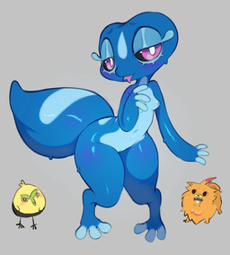 ambiguous_feral ambiguous_gender anthro bedroom_eyes big_ears blep blue_body blue_scales breasts eyebrows female female_anthro feral forked_tongue genitals green_eyebrows grey_background group leaf leaf_eyebrows narrowed_eyes non-mammal_breasts purple_eyes scales seductive shortstack simple_background solo_focus starter_trio tail thick_tail tongue tongue_out trio vulva wide_hips niniidawns nintendo pokemon pokemon_winds_and_waves avian browt canid canine gecqua generation_10_pokemon lizard mammal pokemon_(species) pombon reptile scalie 2026 colored