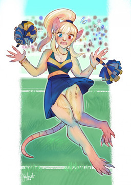 5_fingers blonde_hair blue_bottomwear blue_clothing blue_skirt blush bottomwear breasts brown_body brown_fur cheerleader clothing female fingers front_view fur grass hair open_mouth plant pom_poms ponytail skirt solo species_transformation tail transformation underwear nakitacat human mammal murid murine rat rodent 2023 hi_res