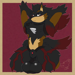 animal_genitalia balls big_balls black_body black_fur black_nose blush brown_body brown_eyes brown_fur collar fluffy fluffy_tail fur genitals gradient hands_behind_head kneeling looking_at_viewer male multicolored_body multicolored_fur neck_tuft penis penis_tip red_body red_fur sheath simple_background solo tail thick_thighs throbbing throbbing_balls tuft wdigni42 nintendo pokemon generation_4_pokemon humanoid lucario pokemon_(species) 1:1 absurd_res hi_res shaded simple_shading watermark