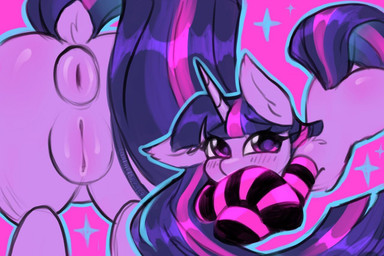 anus blush butt clothing covering covering_mouth crossed_arms dock_(anatomy) female feral genitals horn legwear lying pattern_clothing pattern_legwear pattern_stockings puffy_anus solo sparkles stockings striped_clothing striped_legwear striped_stockings stripes tail vulva uwushka friendship_is_magic hasbro my_little_pony mythology twilight_sparkle_(mlp) equid equine mammal mythological_creature mythological_equine unicorn