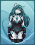 anthro biped blue_hair breasts cleavage clothed clothing collar ear_piercing female fur gem gloves green_eyes hair handwear jewelry looking_at_viewer piercing pose solo standing white_body white_fur thumbclawz chinchilla chinchillid felid mammal rodent