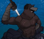 abs anthro arm_wraps baseball_cap clothed clothing eyewear fur hand_behind_back hat headgear headwear high-angle_view holding_melee_weapon holding_object holding_sword holding_weapon looking_at_viewer male melee_weapon muscular muscular_anthro muscular_male narrowed_eyes navel nipples partially_submerged pecs scar solo splash sunglasses sword topless topless_male tuft water weapon wet wet_body wet_clothing wet_fur wraps rygel_spkb canid canine canis mammal wolf 2021 hi_res