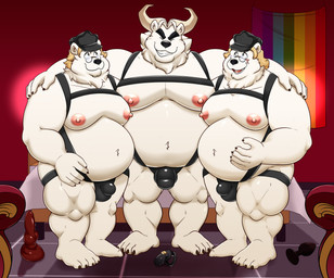 alternate_pride_colors alternate_rainbow_pride_colors animal_dildo animal_sex_toy anthro belly blonde_hair bulge buttplug canine_dildo chastity_cage chastity_device clothing dildo eyewear flag flag_on_wall fur glasses group hair harness hat headgear headwear horn leather_daddy lgbt_pride lock male male/male moobs nipples overweight overweight_anthro overweight_male padlock plug_(sex_toy) pride_color_flag pride_colors rainbow_pride_colors sex_toy trio unlocked_chastity_cage white_body white_fur darknessminotaur albert_d._van_zieks charlie_van_zieks richard_van_zieks bear hybrid mammal polar_bear ursine absurd_res hi_res