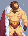 abs anthro barazoku beard biceps big_muscles body_hair brown_hair championship_belt chest_hair clothed clothing facial_hair fingers hair huge_muscles humanoid_hands male muscular muscular_anthro muscular_male navel nipples pecs scar simple_background smile solo standing underwear ixkouu animal_crossing nintendo elvis_(animal_crossing) felid lion mammal pantherine hi_res