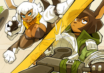 4_toes anthro armor axe belt big_breasts blue_eyes bow_(feature) bow_in_front bow_tie breastplate breasts brown_body brown_fur brown_hair bunny_costume carrot chest_tuft choker cleavage clothed clothing costume dark_body dark_skin duo feet female fight fingerless_gloves food fur gloves hair handwear hat headgear headwear holding_clothing holding_object holding_weapon hood jewelry legwear leotard lingerie markings melee_weapon mole_(marking) necklace orange_eyes plant short_hair standing stockings teddy_(clothing) thick_thighs toeless_legwear toes tuft vambrace vegetable weapon white_body white_fur white_hair wide_hips ceehaz dog_knight_rpg leonie_(ceehaz) rory_(ceehaz) animal_humanoid canid canine canis dobermann domestic_dog humanoid lagomorph lagomorph_humanoid leporid_humanoid mammal mammal_humanoid pinscher rabbit_humanoid 2020 absurd_res hi_res