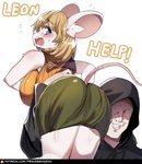 alternate_species anthro ashley_graham_(resident_evil) big_breasts blonde_hair blue_eyes blush bottomwear breasts butt calling_for_help capcom carrying_over_shoulder clothing dialogue duo english_text female fur furrification hair hi_res hood human inner_ear_fluff looking_back male mammal mouse moushley murid murine name_drop name_in_dialogue open_mouth pink_nose princess_hinghoi resident_evil rodent scared skirt smile tail text tuft white_body white_fur