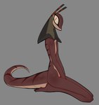 anthro brown_body brown_scales featureless_chest female flat_chested kneeling looking_at_viewer nude scales side_view simple_background skinny snake_hood solo lenyavok snickers_(lenyavok) reptile scalie snake hi_res