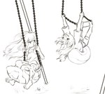 action_pose anthro clothed clothing dress duo female fur hair looking_back mottled piebald pose swinging swings swingset aogami aniko_rose selene_blackcat calico_cat canid canine canis domestic_cat domestic_dog felid feline felis mammal 2021 greyscale hi_res monochrome