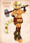 2015 absurd_res ambris anthro anthrofied applejack_(mlp) armor blonde_hair braided_hair braided_tail breasts digital_media_(artwork) earth_pony equid equine female freckles friendship_is_magic fur genitals green_eyes hair hammer hasbro hi_res horse long_hair mammal muscular muscular_anthro muscular_female my_little_pony navel nipples orange_body orange_fur pony pussy shaded smile solo tail tools unconvincing_armor