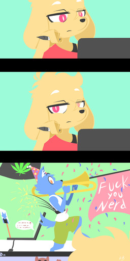 anthro bottomwear clothing computer confetti duo electronics fur holding_musical_instrument holding_object laptop musical_instrument shirt shorts sign tank_top topwear walking yellow_body yellow_fur hydrabb riky_(hydrabb) canid canine canis domestic_dog mammal 2020 absurd_res comic digital_media_(artwork) hi_res lineless signature