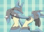 ambiguous_gender anthro black_body black_fur blue_body blue_fur duo fur hand_holding pattern_background simple_background smile sikai nintendo pokemon generation_4_pokemon lucario pokemon_(species)