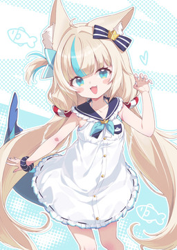 blonde_hair blue_eyes blush blush_stickers claw_pose clothed clothing dress hair pigtails tail 40hara vtuber sameko_saba_(vtuber) animal_humanoid canid canid_humanoid canine canine_humanoid fish fish_humanoid fox_humanoid humanoid hybrid mammal mammal_humanoid marine marine_humanoid shark_humanoid hi_res