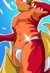 2016 abs accident accidental_exposure anthro armor bare_chest blonde_hair blue_sky bulge bushiroad claws clothed clothing cloud day dragon drum_bunker_dragon evalion exclamation_point future_card_buddyfight hair headgear helmet hi_res horn humanoid_hands looking_down male mostly_nude muscular muscular_anthro muscular_male mythological_creature mythological_scalie mythology orange_body orange_skin outside pecs reptile scalie shocked simple_background sky solo suprised_look surprise teeth topless underwear wardrobe_malfunction wide_eyed