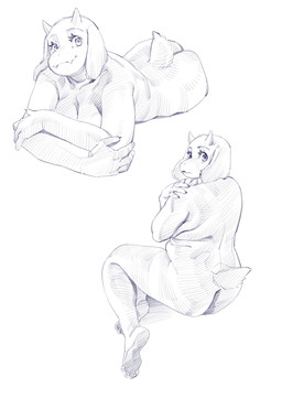 anthro butt clothing fangs feet female horn long_ears lying nude nude_female on_front overweight overweight_female shirt sitting smile solo tail teeth topwear aruurara undertale_(series) toriel bovid caprine goat mammal hi_res sketch