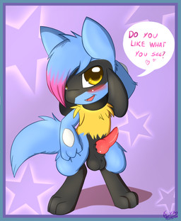 animal_genitalia animal_penis asking asking_viewer balls big_eyes black_body black_fur blue_body blue_fur blue_hair blush bodily_fluids canine_genitalia canine_penis chest_tuft cum cum_on_penis dialogue digitigrade erection feral fur genital_fluids genitals hair heart_after_text heart_pair heart_symbol looking_at_viewer male multicolored_hair nude open_mouth pattern_background paws penis pink_hair precum question simple_background solo speech_bubble star star-shaped_background star_polygon text text_with_heart tuft two_tone_hair y2k_(graphic_design) yellow_body yellow_eyes yellow_fur young eraquis nintendo pokemon fan_character canid canine generation_4_pokemon mammal pokemon_(species) riolu 2015 english_text hi_res