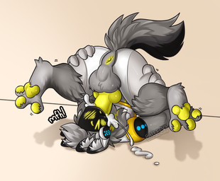 4_ears animal_genitalia animal_penis anthro anus ass_up autofellatio balls big_penis blush bodily_fluids butt canine_genitalia canine_penis cum cum_in_mouth cum_in_own_mouth cum_in_self cum_inside cum_on_face cum_on_own_face cum_on_self ejaculation erection eyes_closed fur genital_fluids genitals grey_body grey_fur hand_on_butt knot machine male masturbation muffled multi_ear oral oral_masturbation pawpads paws penile penile_masturbation penis screen simple_background solo tail vowelless vowelless_vocalization fallflys astral_starzer protogen absurd_res hi_res