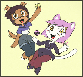 alternate_species anthro blush brown_body brown_fur brown_hair clothed clothing duo female fur furrification hair looking_at_viewer pink_hair smile white_body white_fur wide_hips yellow_eyes missmess disney the_owl_house amity_blight luz_noceda canid canine canis domestic_cat domestic_dog felid feline felis mammal hi_res