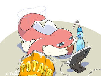 ambiguous_gender bendy_straw beverage beverage_bottle bottle cellphone chips_(food) container crumbs drinking_straw eating electronics feral food hand_on_chin kemono looking_at_object looking_at_phone lying on_front phone raised_tail simple_background smartphone soda soda_bottle solo tail tail_motion tailwag white_background 0bon nintendo pokemon ramune aquatic fish generation_9_pokemon pokemon_(species) tatsugiri tatsugiri_(droopy_form) 2025 digital_media_(artwork) hi_res shaded signature simple_shading